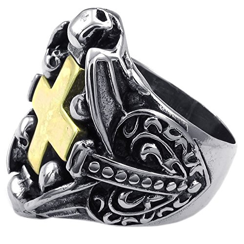 KONOV Mens Stainless Steel Ring, Gothic Skull Cross, Gold Black Silver