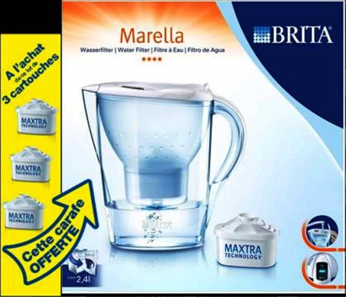 Brita - 103245 - Pack de 3 Cartouches Maxtra + 1 Carafe filtrante Marella Blanche Offerte - 1.4 l d'eau filtrée - Technologie de filtration Maxtra