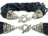 Italian Styled Black Glass Seed 39 Strand Necklace and 30 Strand Bracelet with Balinese Toggle Clasp