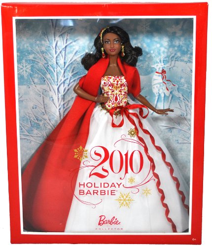 Barbie Collector Holiday Series 12 Inch Doll - Holiday Barbie 2010 in White Gown with Red and Gold-Studded Bodice Plus Extra Long Red Wrap, Chandelier Earrings and Magnificent Head Piece (African American Version - R4546) On Sale