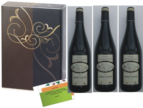 Wein Geschenkset, französischer Rotwein, Chateau la Condamine Betrand - Les Grands Vins du Languedoc - Cabernet Sauvignon, edler Rotwein in 3er Präsentbox Elegance in Leinenstruktur, auf Wunsch mit persönlicher Geschenknachricht (ohne Aufpreis)