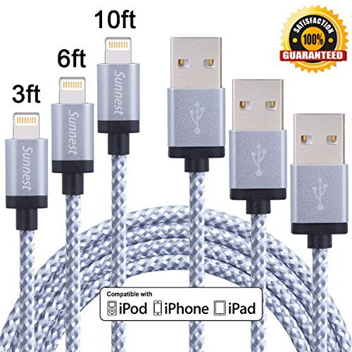 Sunnest Lightning Cable 3Pack 3FT 6FT 10FT iPhone Charger Cord Nylon Braided for iPhone 7 plus, 7, 6 plus, 6, SE, 6s, 6s plus, 5s 5c 5, iPad Mini, Air, iPad 5, iPod on iOS9