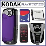 Kodak PlaySport Zx3 HD Waterproof Pocket Video Camera in Purple + Accessory Kit