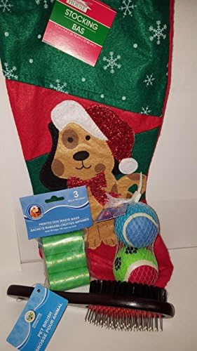 Christmas Dog Bundle Gift Set: A Cute &amp; Adorable Doggie Stocking, Two Pet Tennis Balls, 3 Rolls Of Printed Wasted Bags &amp; A Double Sided Brush (Long or Short Hair Animals)