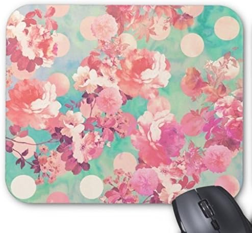 URDesigner Personalized Romantic Pink Retro Floral Pattern Teal Polka Dots Mouse Pad Support For Wireless Mouse Optical Mouse Durable Office Accessory And Gift