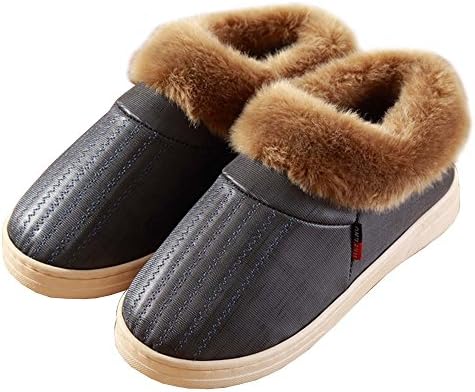 YOUPAI Women's Winter Navy PU Leather Home Slippers Cotton Shoes