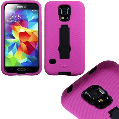 myLife Bright Magenta Pink and Galaxy Black - Shock Suit Survivor Series (Built in Kickstand + Easy Grip Silicone) 3 Piece + 2 Layer Case for NEW Galaxy S5 (5g) Smartphone By Samsung (External Flex Silicone Bumper Gel + Internal 2 Piece Rubberized Snap Fitted Armor Protector + Shock Absorbing Material)