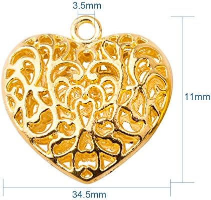Pandahall 5 Pcs Golden Tone Hollow Alloy Heart Pendants, Lead Free & Cadmium Free & Nickel Free, Size: about 35mm long, 34.5mm wide, 11mm thick, hole: 3.5mm