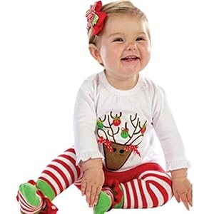 FINEJO Christmas Toddler Kid Girl Santa Deer Top T-shirt Leggings Pants Outfit Set