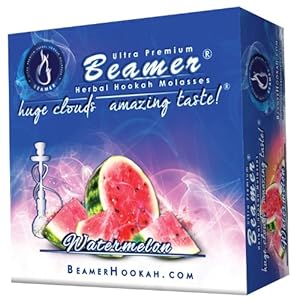 Watermelon Beamer® Ultra Premium Hookah Molasses 50 Gram Box. Huge Clouds, Amazing Taste!® 100 % Tobacco, Nicotine & Tar Free but more taste than tobacco! Compares to Hookah Tobacco at a fraction of the price! GREAT TASTE, LOTS OF SMOKE & SMELLS GREAT!!! Proudly made in the USA!