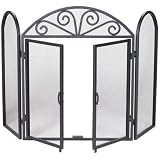 Uniflame 52 Inch Black Wrought Iron Three Panel Fireplace Screen With Doors and Arched Top