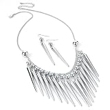 Spike Fashion Necklace & Drop Pierced Earrings Set Silver