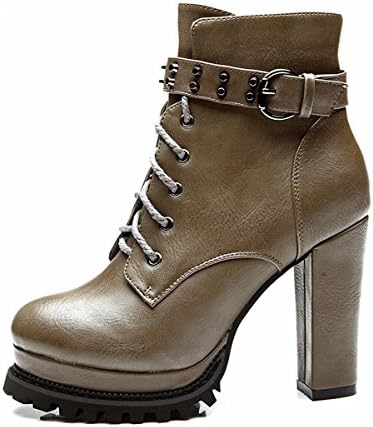 Women's Platform High Heel Single Vintage Martin Ankle Boots Khaki Leather Shoes EU34