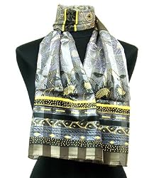 Scarf Gray Yellow Antique Flower Design Neckerchief 13"x60"