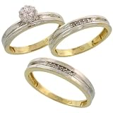 10k Gold 3-Piece Trio His (4mm) & Hers (3.5mm) Diamond Wedding Band Set w/ Rhodium Accent, w/ 0.13 Carat Brilliant Cut Diamonds; (Ladies Size 5 to10; Men's Size 8 to 14)