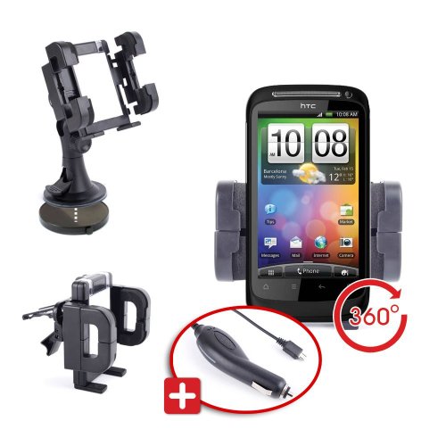 DURAGADGET Support Voiture Multifonction 3 en 1 pour HTC Sensation - Support grille d'aération, pare-brise et tableau de bord + chargeur allume-cigare BONUS - Garantie à vie