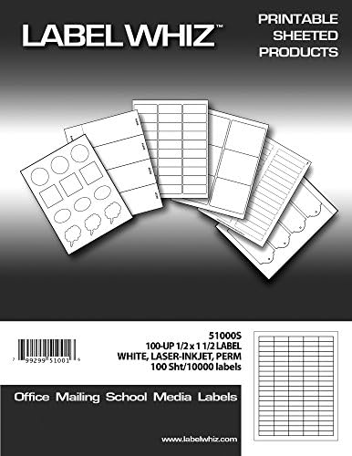 LabelWhiz All Purpose Labels for Laser and Inkjet Printers, 1/2 x 1-1/2 Inches, 100 Labels per Sheet, 100 Sheets, White (51000S)