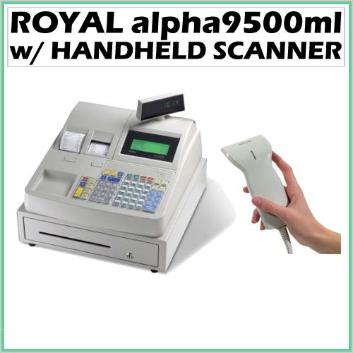 Royal Alpha9500ML 4 Line X 24 Character Display Cash Register Bundle With Hand-Held Barcode Scanner