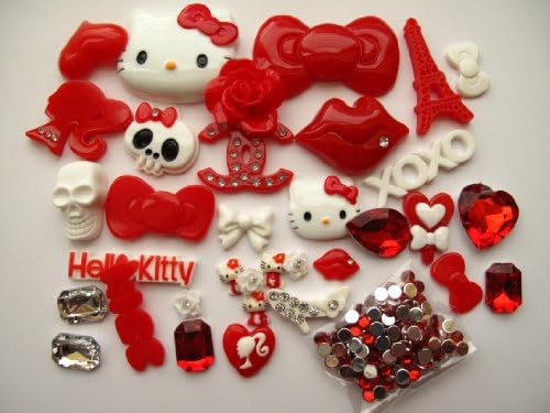 33 Mix White / Red HK Bling Bling Flat Back Resin Cabochon &amp; Rhinestone Deco Kit Cell Phone