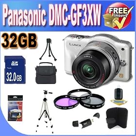 Panasonic Lumix DMC-GF3XW 12.1 MP Micro Four Thirds Compact System Camera with 3-Inch Touch-Screen LCD and LUMIX G X Vario PZ 14-42mm/F3.5-5.6 Lens (White)+ 32GB SDHC Memory + 3 Piece Filter Kit + USB Card Reader + Memory Card Wallet + Deluxe Case w/Strap + Full Size Tripod + Accessory Saver Bundle!
