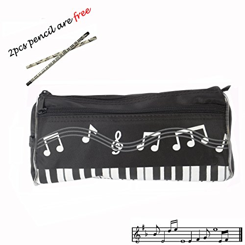 Crosstree Waterproof Zipper Large capacity stationery Pen Pencil Bag for student or Business people with 2pcs free pencil gift. (Music Black)