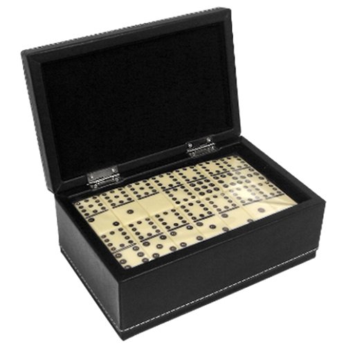 Double Twelve Domino Set in Black Leather Picture box Display Case