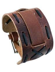 Nemesis #WX13-BR Wide Brown Leather Black Cross Stitch Cuff Wrist Watch Band