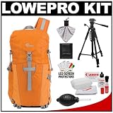 Lowepro Photo Sport Sling 100 AW Digital SLR Camera Backpack Case (Orange) + Photo/Video Tripod + Canon Cleaning Kit for Canon EOS 7D, 5D Mark II III, 60D, Rebel T3, T3i, T2i Digital SLR Cameras