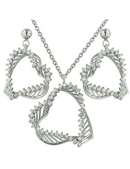 Sterling Silver 2-D open lines Clear Cubic Zirconia Heart Earrings and Pendant Set 16 inches chain