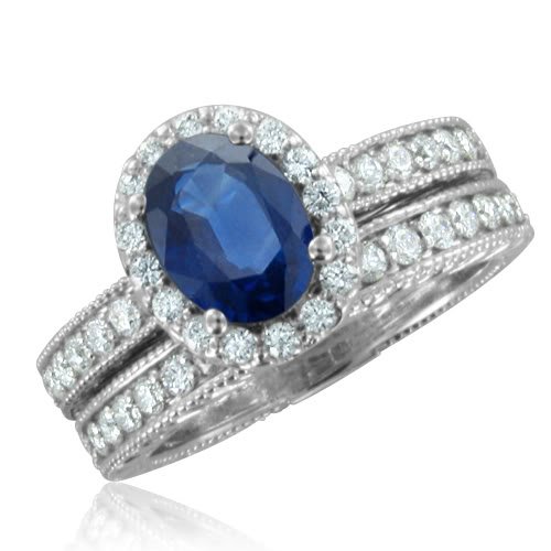 Vintage Inspired Natural Sapphire Diamond Engagement Wedding Ring Bridal Set 18k White Gold Halo Ring (G, SI1, 1.74 cttw), 7x5mm, Certified