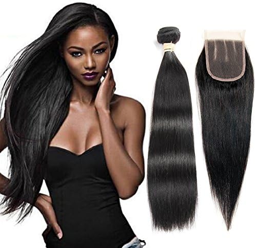 ALOT Hair 3 Part Lace Closure with Straight 3 Bundles of Brazilian Hair 7a Unprocessed Virgin Hair Bundle Deals 100% Human Hair Extensions Natural Black Hair Color(18 18 18 + 16)