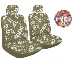 - Tan Brown Universal-fit Hawaiian Hibiscus Floral Print Low Back Front Bucket Seat Cover with Separate Headrest Cover, Steering Wheel Cover and Shoulder Seat Belt Pads Combo