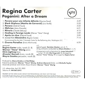 Click here to buy Regina Carter Paganini: After A Dream by  Paganini, Ettore Stratta, violin, vocals Regina Carter, piano Werner "Gierig, and drums Chris Garnett .