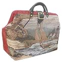 ArtisanStreet's Sailboat Two-Sided Tapestry Carpet Bag With Detachable Shoulder Strap. Shores Of New England, Cottage By Bay, Lighthouse & Wreckage Featured. Back Continues Theme With Red & White Lighthouse. Use As An Overnight Bag Or Even As A Briefcase.