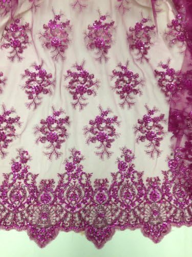 Fuchsia Mesh w/ Embroidery Sequins Hand Beaded Lace Fabric 52" Wide By the Yard