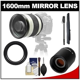 Samyang 800mm f/8.0 Mirror Lens (White) with 2x Teleconverter (=1600mm) + Monopod Kit for Canon EOS 60D, 7D, 5D Mark II III, Rebel T3, T3i, T4i Digital SLR Cameras
