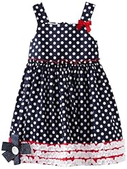 Girls Cotton Ruched  Dots Print  Dress With a Bow(s) and a Ribbon 