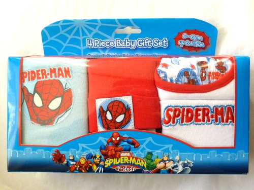  MARVEL SPIDER-MAN & FRIENDS INFANTS NEW BORN BABY 0-6 MONTHS; 4 PIECE BABY GIFT SET INCLUDE : DIAPER COVER, CAP, T-SHIRT AND BIB