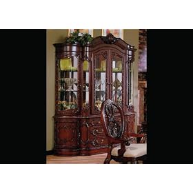 China Cabinet Buffet Hutch with Carved Detail Cherry Brown Finish