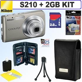 Nikon Coolpix S210 8MP Digital Camera (Brushed Bronze) + 2GB Accessory Kit by Nikon