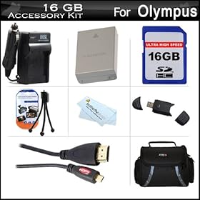 16GB Accessories Kit For Olympus OM-D E-M5 Digital Camera Includes 16GB High Speed SD Memory Card + Extended Replacement (1500 maH) BLN-1 Battery + AC/DC Travel Charger + Micro HDMI Cable + USB 2.0 Card Reader + Deluxe Case + Screen Protectors + More