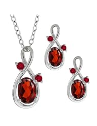 2.08 Ct Genuine Oval Red Garnet Gemstone Sterling Silver Pendant Earrings Set