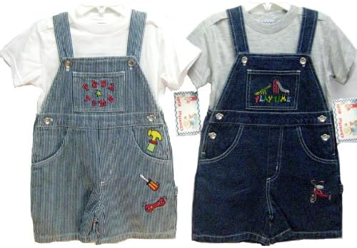 Toddler Boys Size 4T Indigo Denim/Stripe Denim Embroidered Pocket Shortall 2-PC Sets with Cap. ** 2 PACKS **