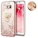 Note 7 Floral Crystal TPU Case-Auroralove Soft Slim Bling Plating Rubber Bumper Cover for Galaxy Note 7 with Rhinestone Diamond Element Detachable 360 Ring Stand for Girls Women(Rose Gold+Pink)