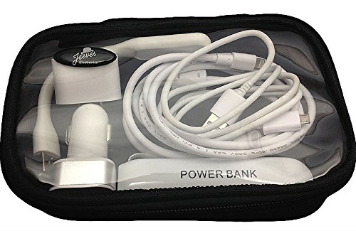 Jeeves Electonics Charging Pack Business Travel Essentials of Emergency Battery Charger, iPhone, Android & Micro USB Charger Cables with USB Plug Light Plus Car & Wall Dual USB Chargers
