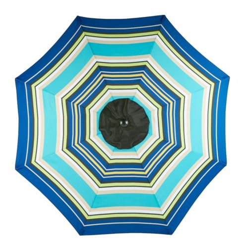 Aqua Blue and Green Stripe 9' Foot Outdoor Round Steel Patio Tilt Hand