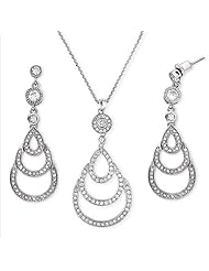 Designer Inspired CZ Rhodium Plated Teardrop Pendant Earrings Set