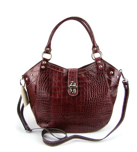 ROBE DI FIRENZE Italian Designer Maroon Croc Embossed Leather Handbag Shoulder Bag