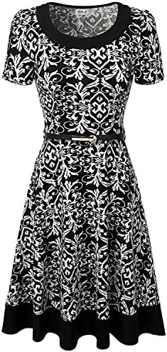 Doublju Women Aztec Print Shift Dress TRIBALWHITE Midi Flare Dress with Belt,S