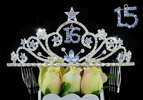 Prom Party Sweet 15 & 16 Blue Sparkling Crystal Star Quinceanera Tiara